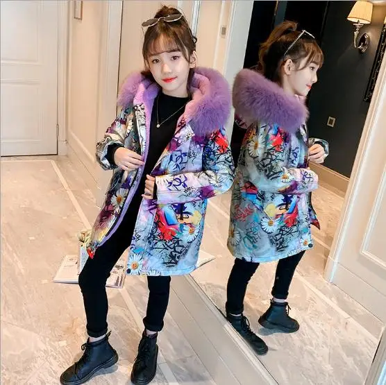 

Girls Kids coats 2020 Winter Long Sleeve Thick Graffiti Parkas Children's Fox Fur coats, Pink purple