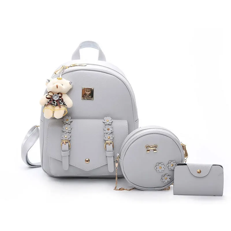 

Hot Sell 2021 Girls Backpack College Bags 3PCS Set Woman Pu Leather Backpack Fashion Casual Small Round Bag Mini Cardholder, White,gray,black,pink