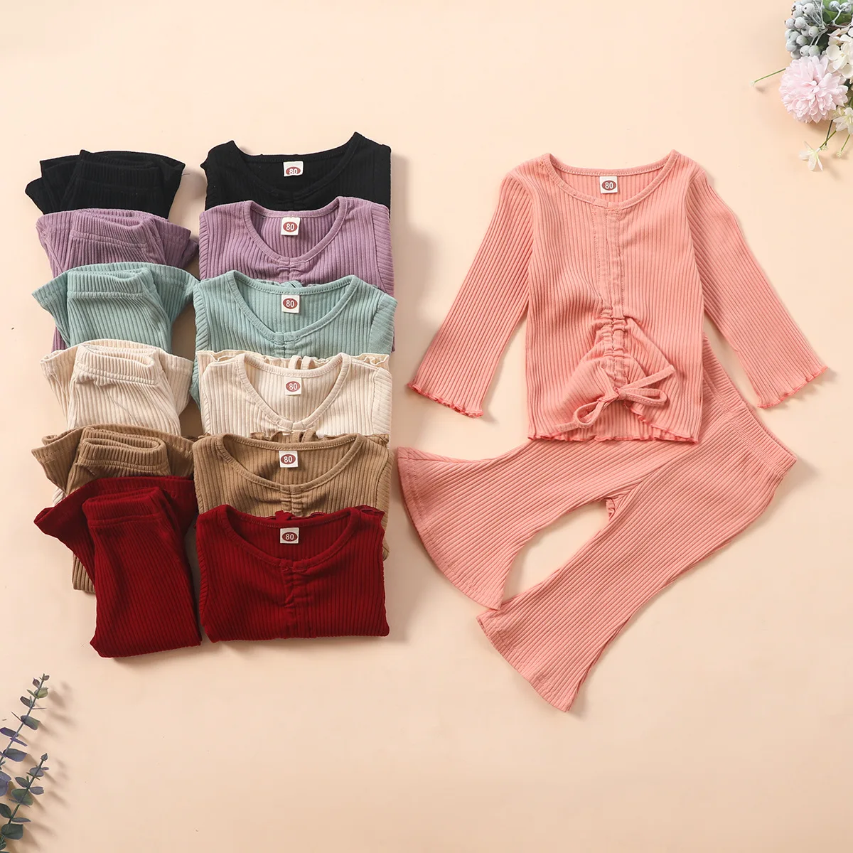 

Casual Solid Color Knit Cotton Children Outfit Two Piece Outfits Kids Clothing Baby Clothes
