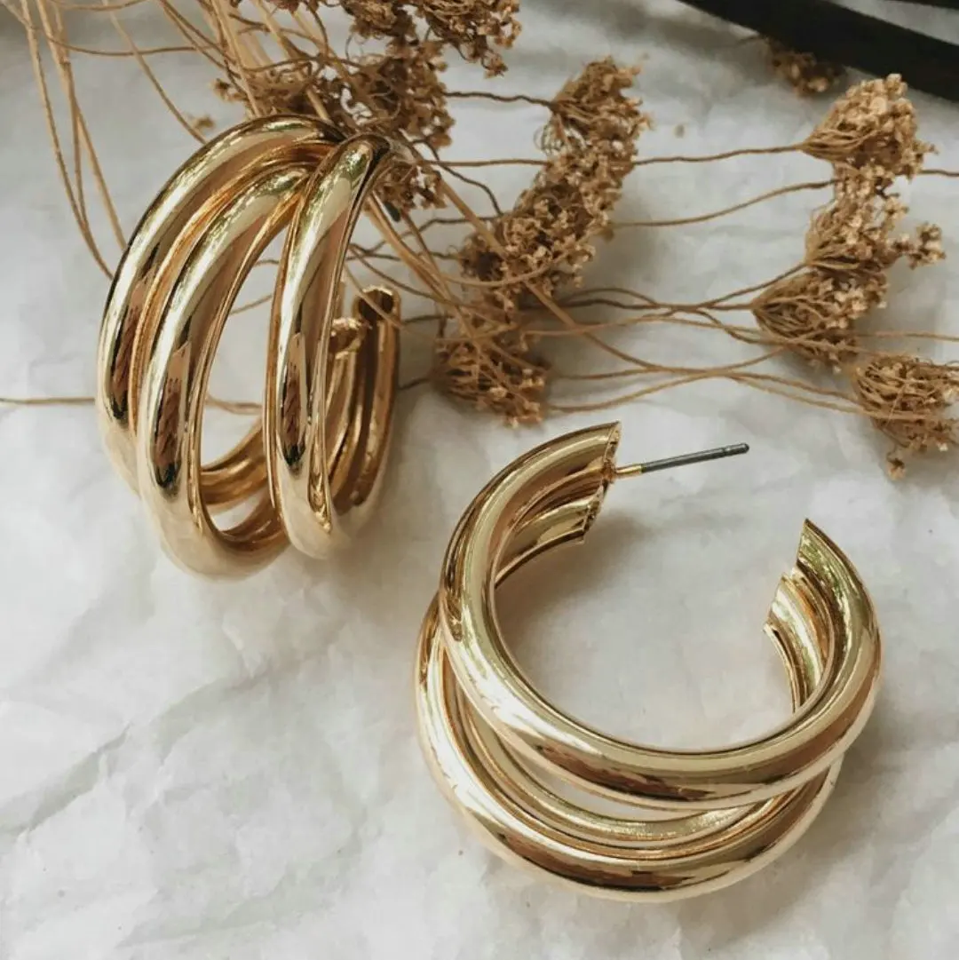 

34mm Three wire gold plated hoop earrings Statement High Polished Triple Round Medium Open Tube Hoop Earrings