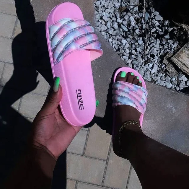 

Factory Customized OEM ODM Comfort Rhinestone Indoor Outdoor PVC Blank Custom Logo Slippers Slides Footwear Sandals For Women, Pink