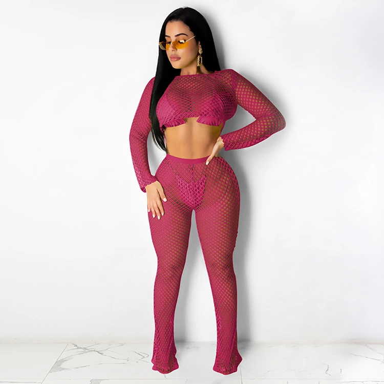 

Solid Color Long Sleeve Cropped Top And Trousers Sets 2 Piece Outfit With Holes For Women Sexy -PT, Rose red