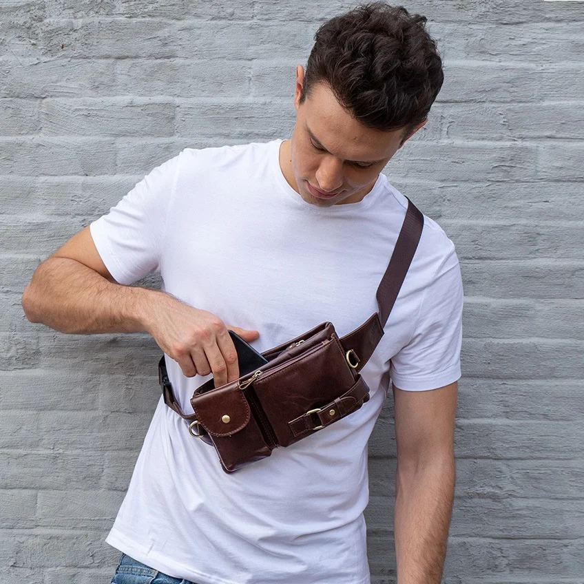

Men's Fanny Pack Top Layer Cow Hide Leather Vintage Single-shoulder Cross-body Sling Wallet Bag with Mobile Phone Holder