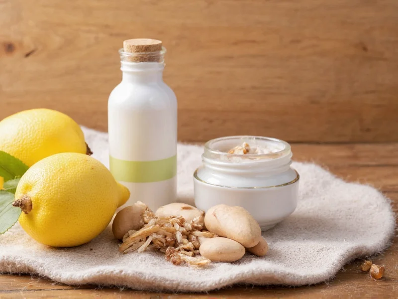 Natural skincare ingredients on wooden surface