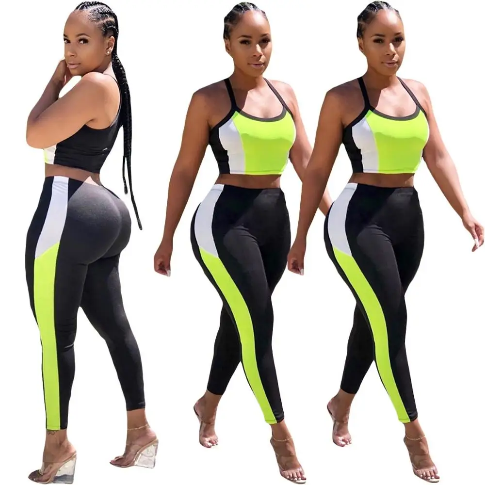 

20210-MX11 sehe fashion summer sleeveless sport wear crop top two piece sets women