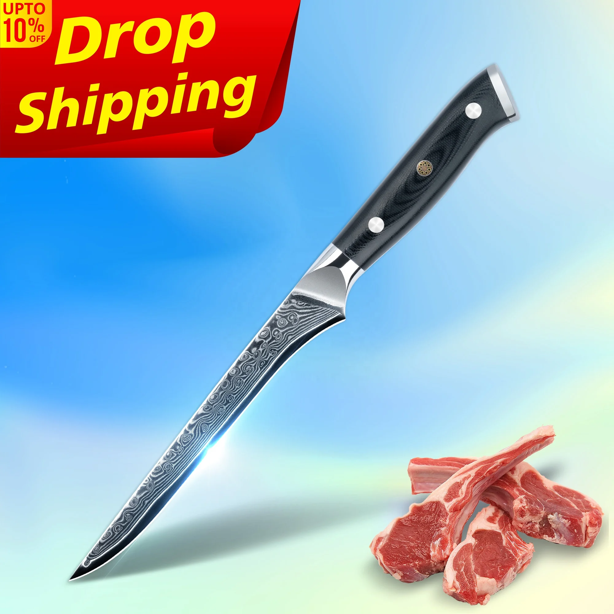 

30% off SkyCook 6 inch boning knife damascus fillet knife fish filleting knifes with Black G10 Handle