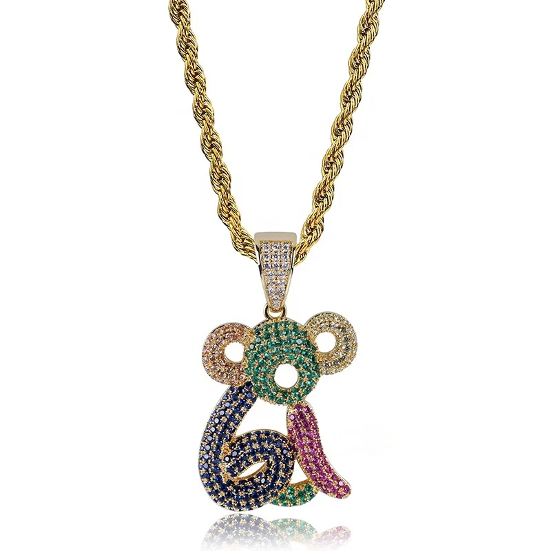 

New fashion Hiphop New Arrival Animal Monkey Pendant Necklace Cubic Zircon Multicolor Necklaces With Iced Out Tennis Chain, Color,silver golden