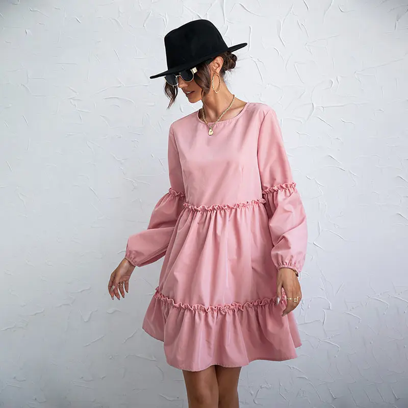 

2021 Luoqi Fall Fancy Dresses Pink O-Neck Long Sleeve Frill Tshirt Dress For Women