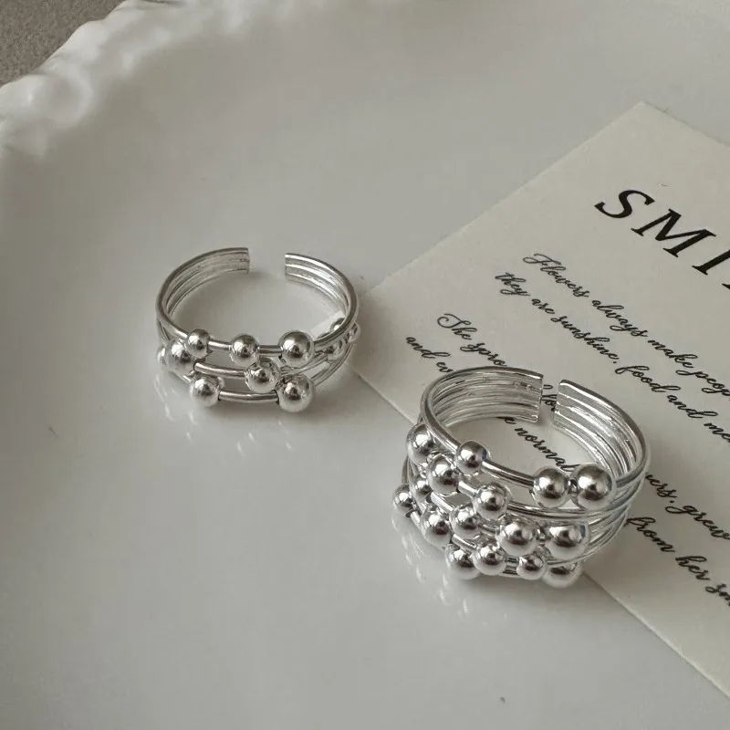 Vintage Multi-layer Handmade Ball Open Adjustable 925 Sterling Silver Ring for Women Gifts
