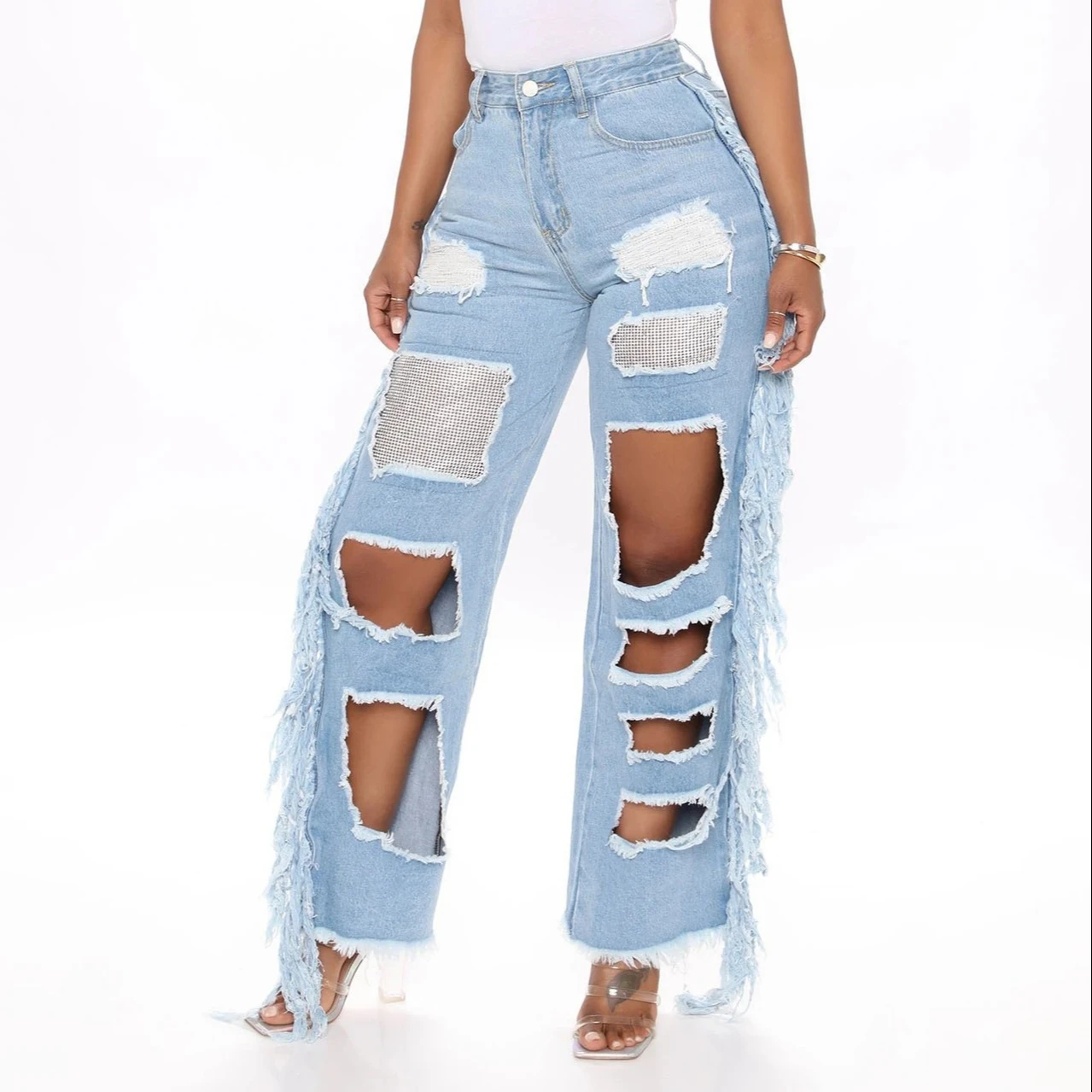 

2022 New Fashion Baggy Ripped Tassel Jeans Light Color Straight Pants For Women