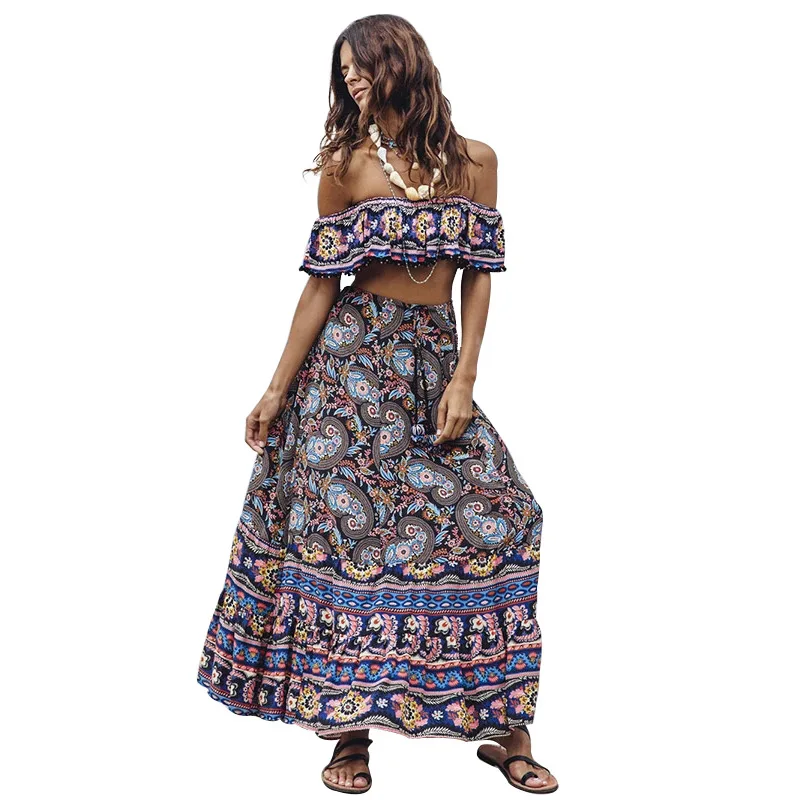 Trendy lady clothing off shoulder beach summer maxi floral dress boho bohemian women casual nude ruffle dresses