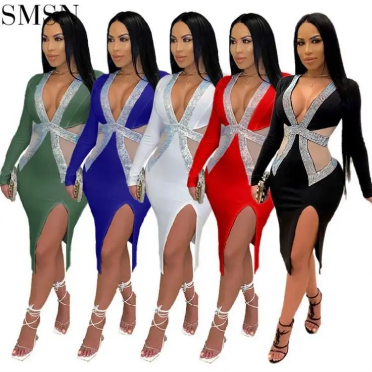 

New Trendy Solid Color V Neck Stylish Sexy Mesh Rhinestone Dress Luxury Evening Dresses