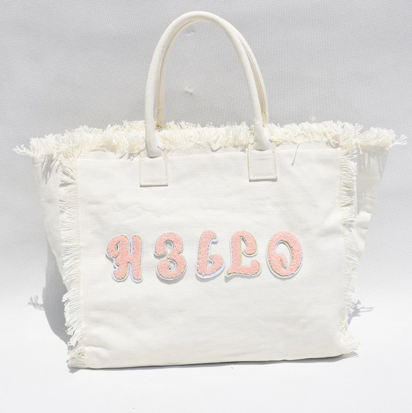 

HIGH QUALITY PATCHES LARGE CANVAS BEACH TOTE WITH FRINGE SUMMER TOTE