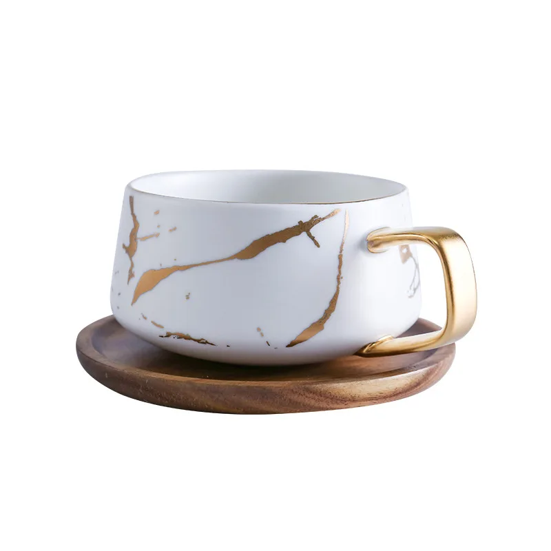 

Handmade nordic gold marble mug marble ceramic coffee cup with wood saucer, As picure or customized