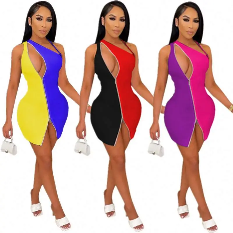 

MISS Best Design Single Shoulder Zipper Spliced Casual Womens Sexy Short Mini Dresses