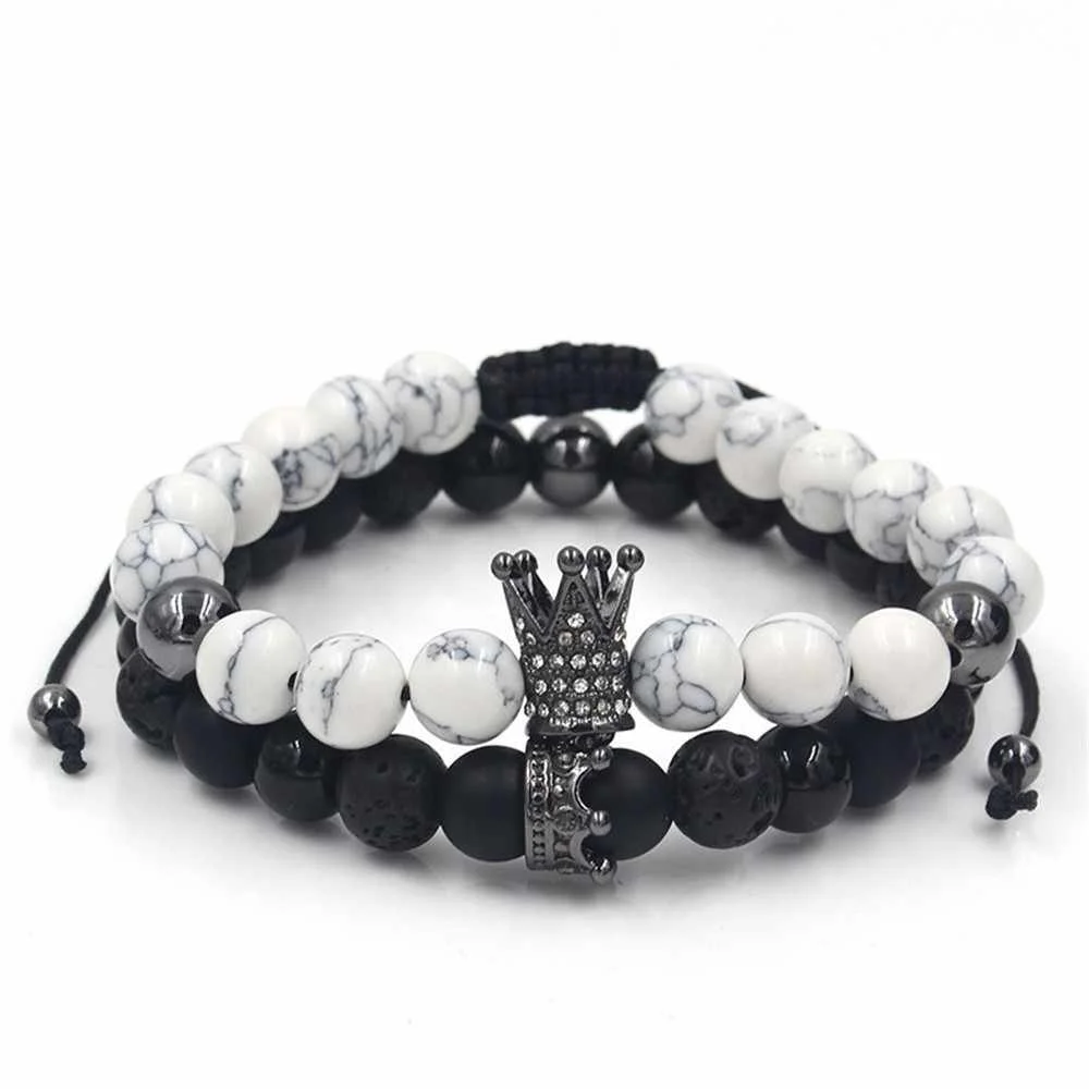 

2pcs/set Trendy Stone Bead Ball Pattern Matte Tube Gold Silver Black Crown Bracelet Set for Unisex, Black, white