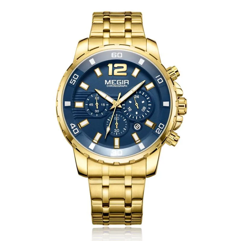 

MEGIR 2068 steel Brand Men's Wristwatch Gold Quartz Chronograph Sports Watches Men Wrist