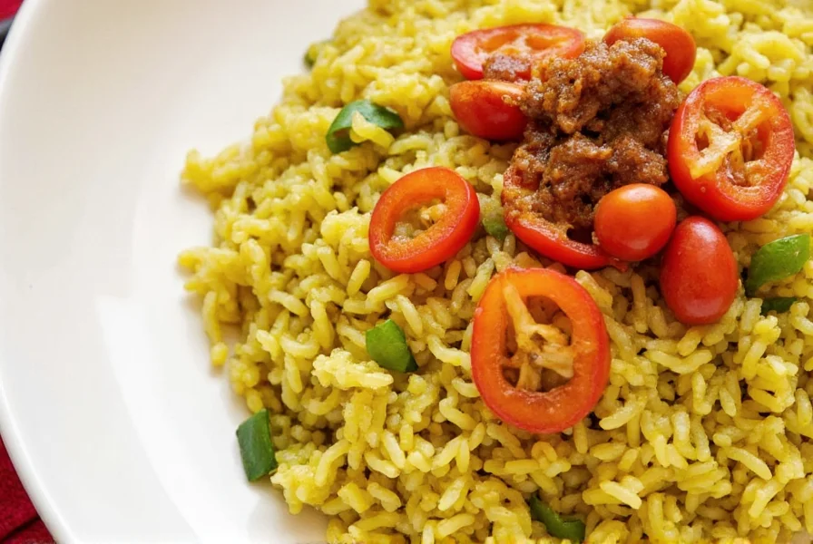 Chef smiling while serving a colorful curried rice dish