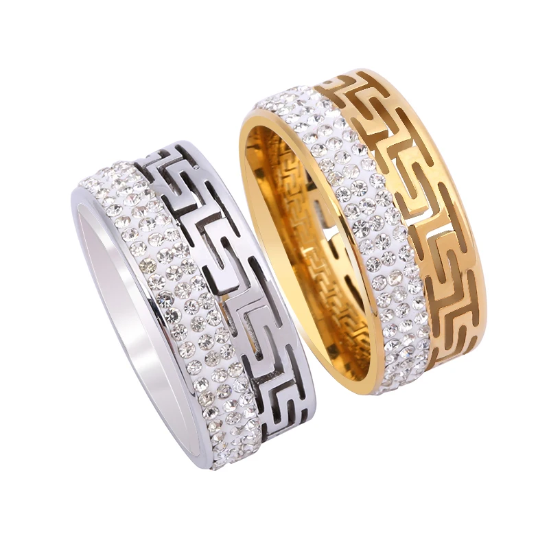 

Hot Selling Great Wall Pattern Stainless Steel Jewelry Titanium Steel Rhinestone Couple Rings For Women Men Gift, Picture shows