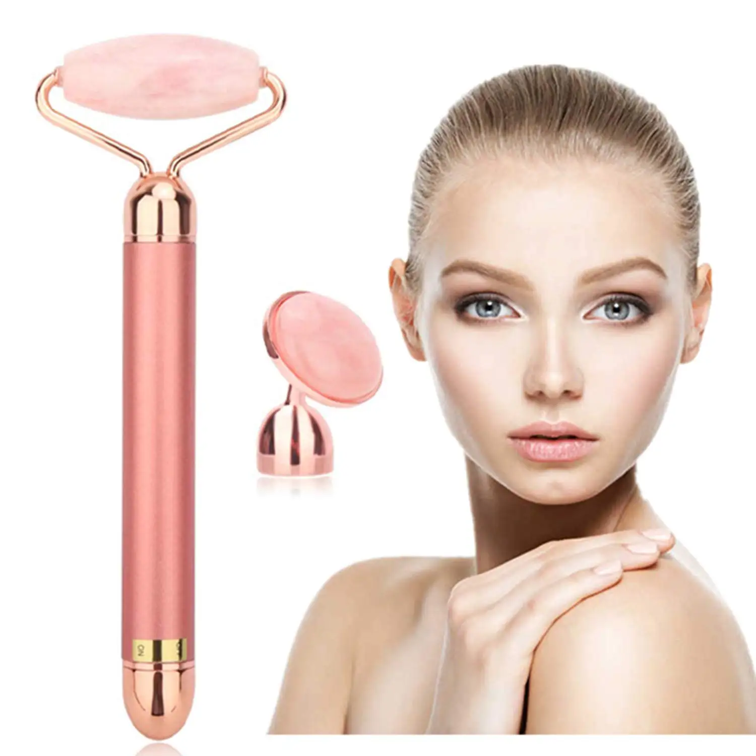 

Vibrating Rose Quartz Face Eye Neck Anti-Aging Facial MassagerSkin Firming and Lifting 2-In-1 Electric Jade Roller, Pink