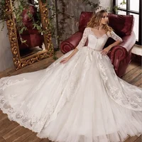 

New design sweetheart V neck lace embroidery long sleeve luxury wedding dress ball gown muslim wedding dress bridal gown