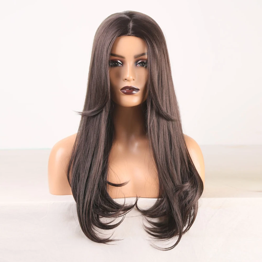 

Hot Selling Wig European American Curved hair at the end Chemical Fiber Dyeing Female Long Straight Hair brown Wig