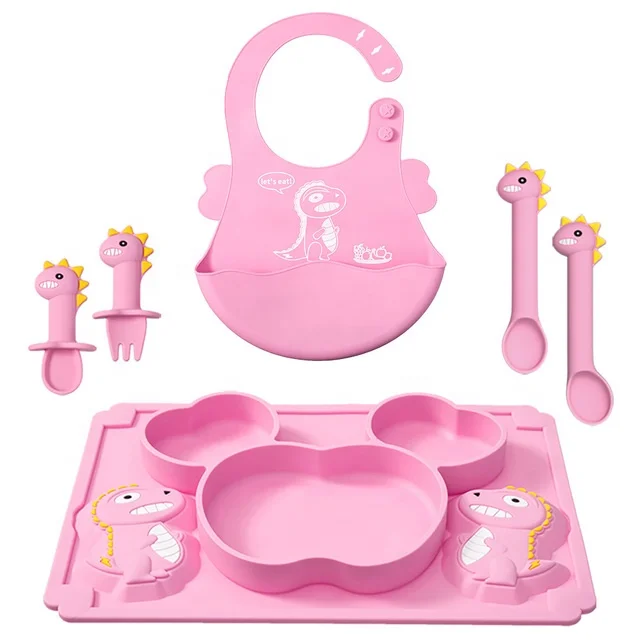 

OEM & ODM Food Grade Silicone Baby Suction BPA Free Silicone Dinner Plate Water Cup Spoon And Fork Set, Pink & green