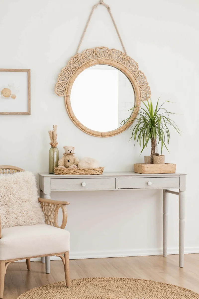 Collection of different rattan scallop mirrors arranged on a shelf
