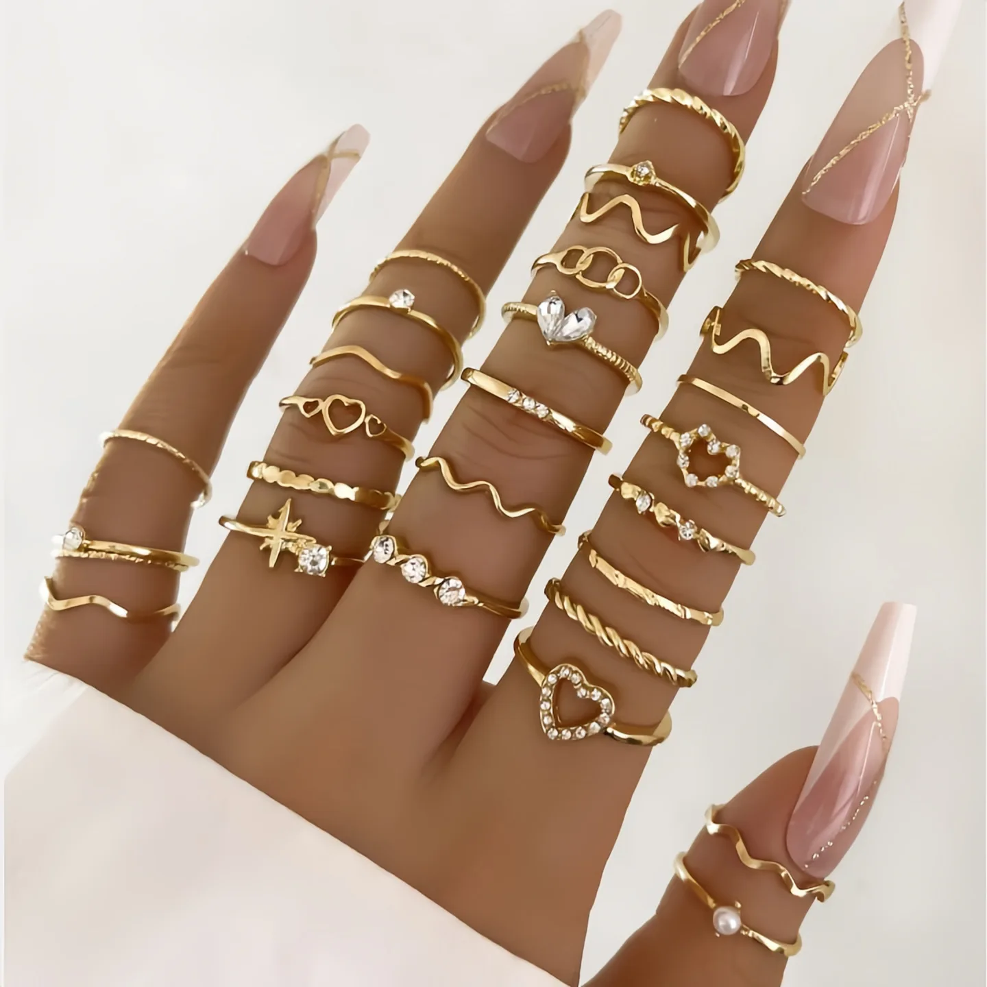 

28pc/set Trendy Geometric Heart Star Leaf Snake Gold Ring Set Punk Pearl Rhinestone Stackable Rings Jewelry