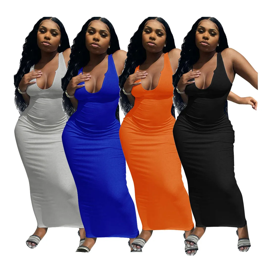 

SAQ21S812 wholesale summer plain color rib knit sleeveless deep v maxi tank tight sexy dress for women, As photo showed
