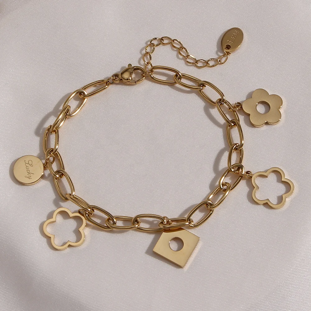 

Summer Trend Mixed Dangle Charms Stainless Steel 18K Round Square Daisy Flower Chain Bracelets