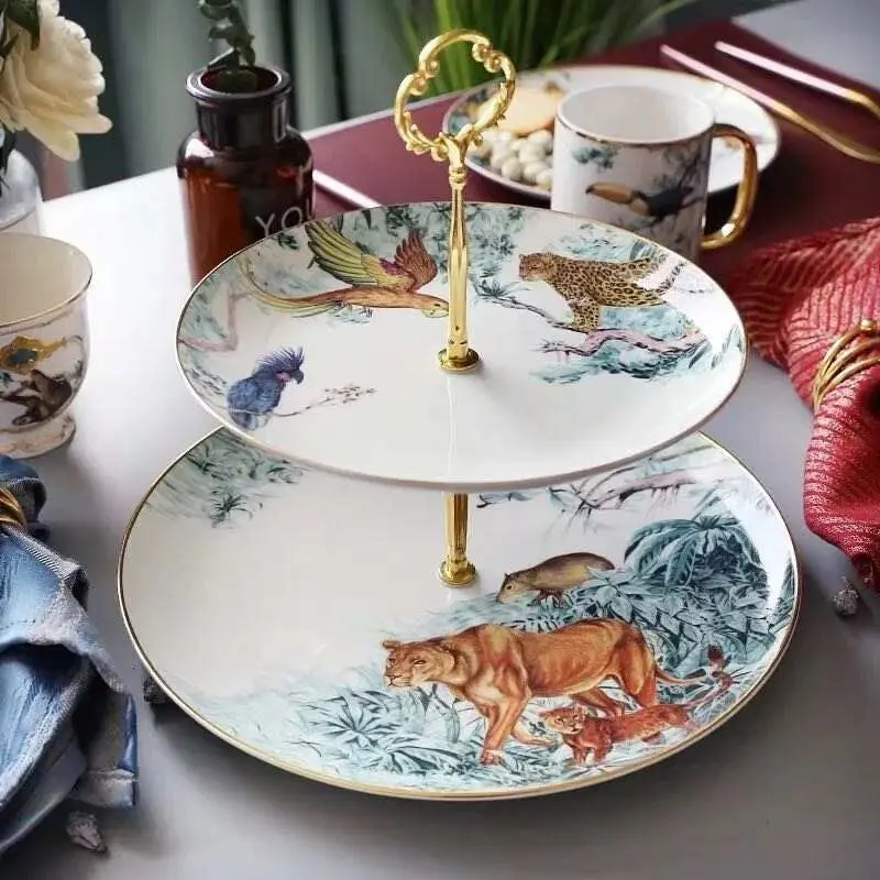 

Luxury Jungle 2 Layers Ceramic Cake Plate Set for Wedding Gifts European Ceramic Fruit Snack Tray Dessert Pastry Plate