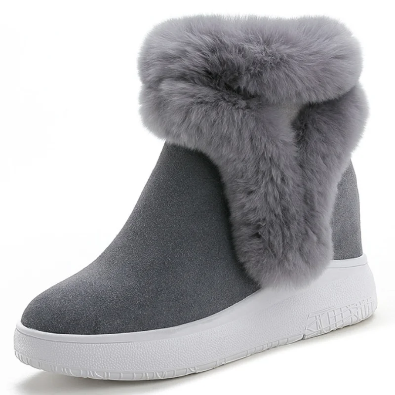 

Dropshipping 2021 Women Snow Boots Warm Genuine Leather Rabbit Fur Internal Increase Platform High Quality Non-slip Shoes