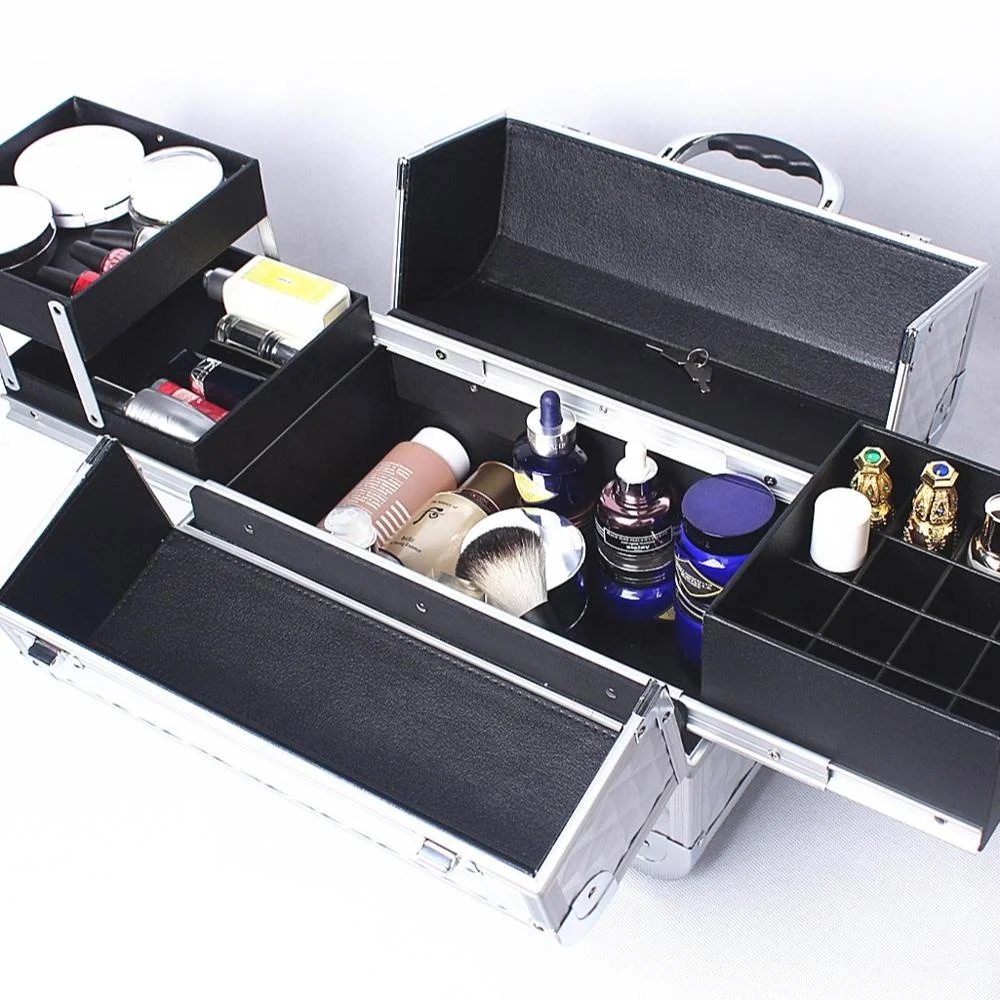 

Wholesale ABS diamond PVC lining extend trays vanity case with compartment panel