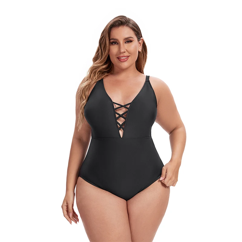 

Custom New Professional Design High Quality Sexy Solid Plus Size One Piece Bikini Beach wear V Neck Swimsuit Women Swimwear