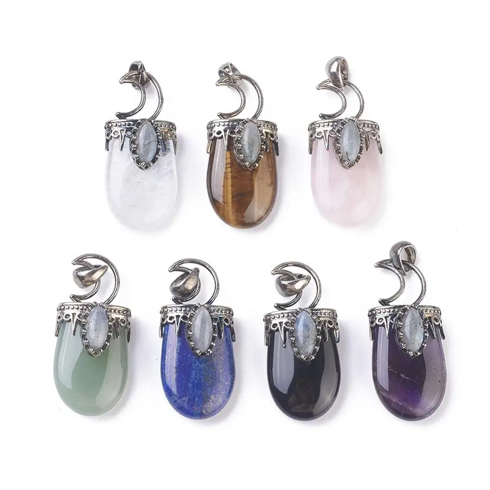 

PandaHall Oval Antique Silver Brass Findings Natural Mixed Stone Pendants