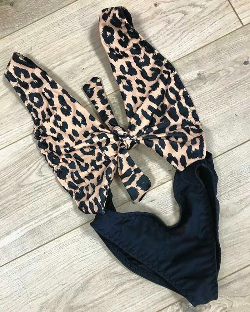 

Leopard Print Swimwear Women Sexy Bikini One Piece Swimsuit Drawstring Bodysuit Strap Backless Cut Out Bathing Suit, Accept customized