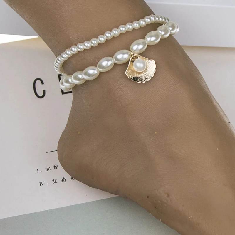 

Bohemian Imitation Pearl Anklets For Women Shell Ankle Bracelet Charm Beach Foot Jewelry Accessories Gifts, White