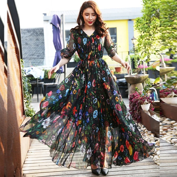 

Beach Plus Size Women Dresses Flare Sleeve V-neck Floral Print Elegant dress ladies Long sleeve vestidos Robe Woman Clothes