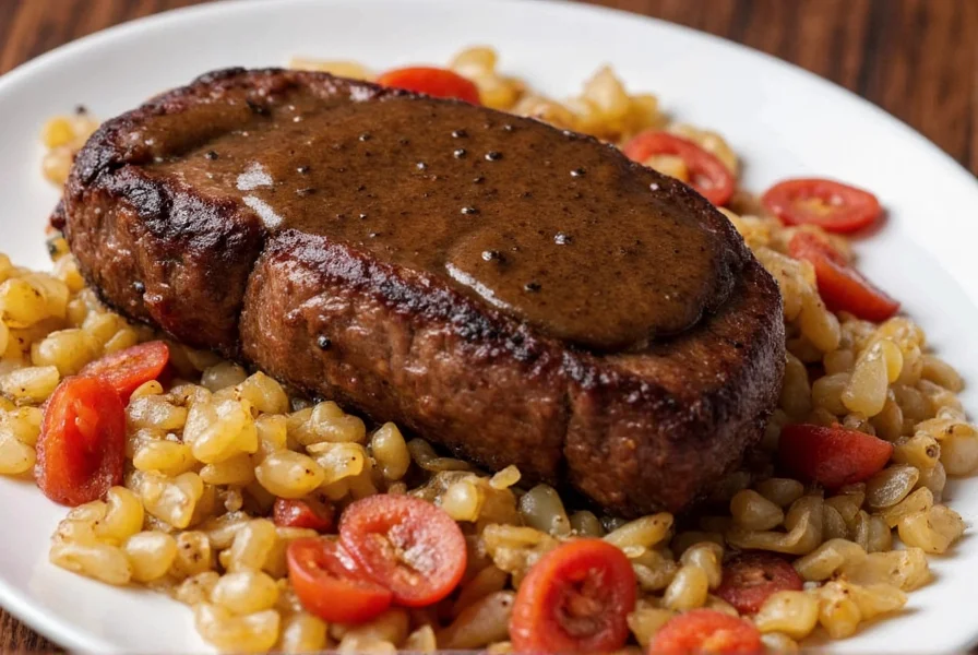 Professional chef preparing black pepper steak sauce in stainless steel pan with visible steam and glossy sauce texture