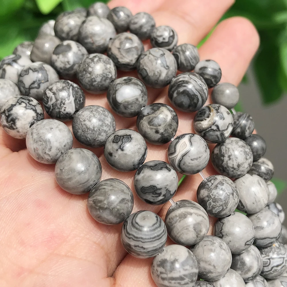 

Wholesale Fashion Natural Stone Beads Gray Map Jaspers Round Loose Beads For Jewelry Making