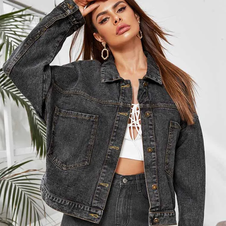 

OEM service dark grey women simple denim jacket america south america style