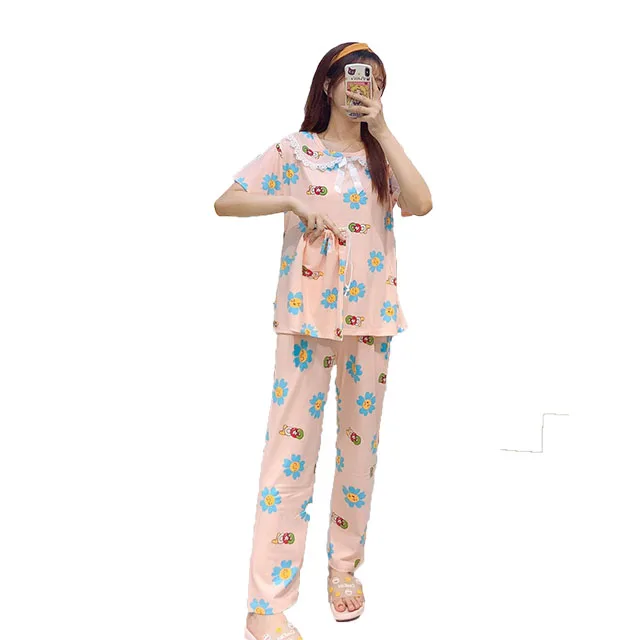 

Hot sale cartoon milk silk pyjama famille women's suits night suit for girl