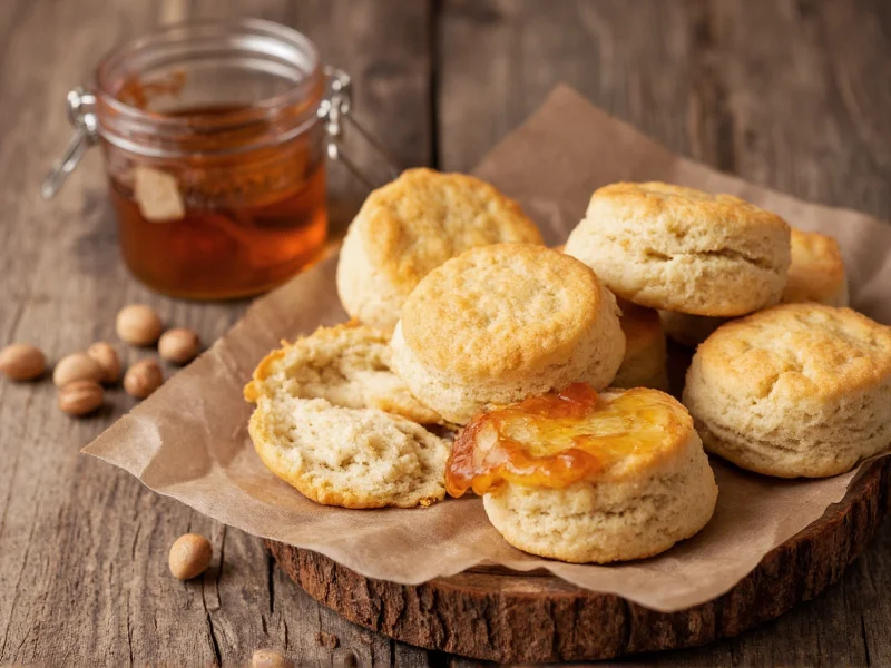 Homemade biscuits served with honey and jam on rustic table