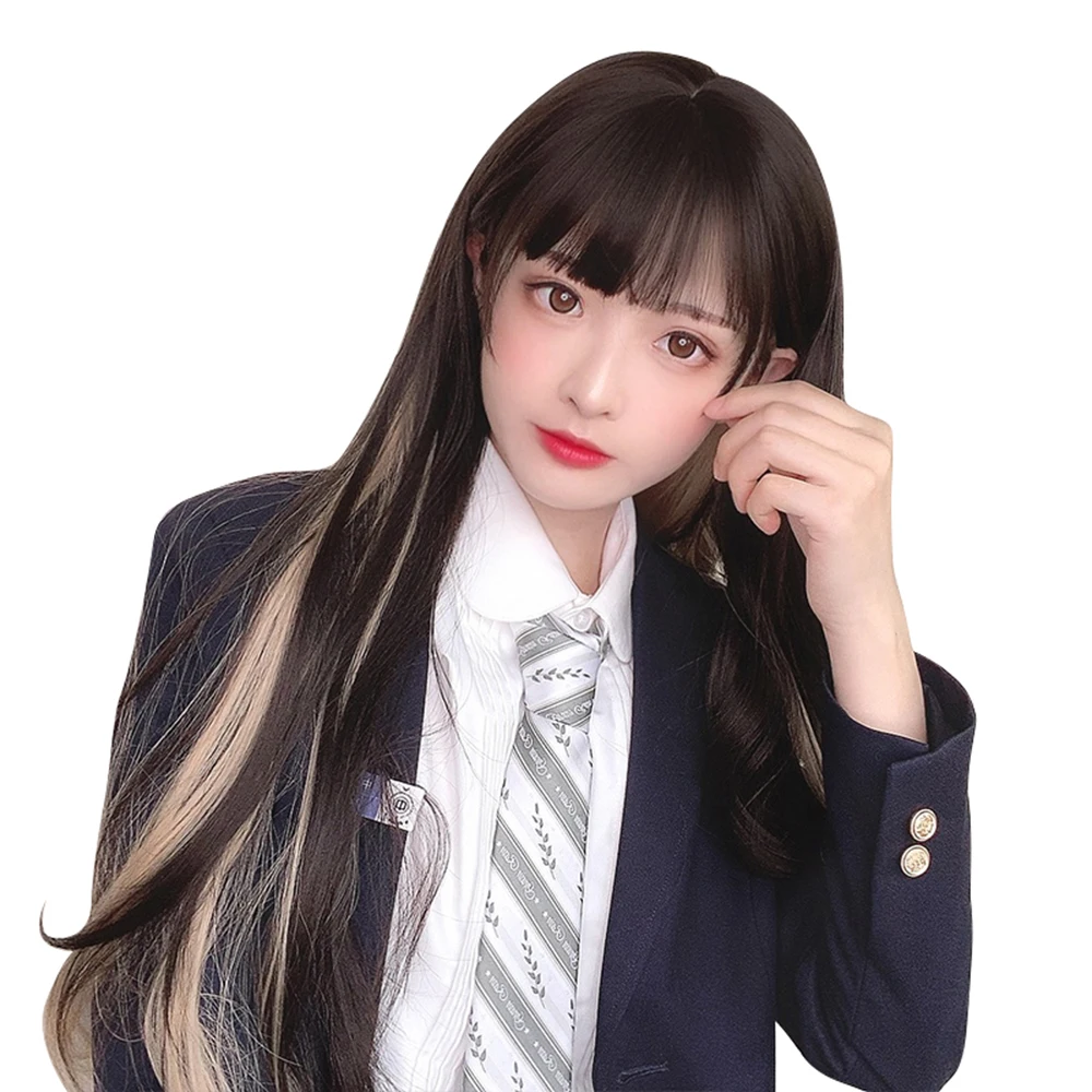 

Straight Long Hair Dark Brown Mixed Sand Gold 22 INCH Daily Well-behaved Sweet Cute Girls Cosplay Party Wigs, Pic showed