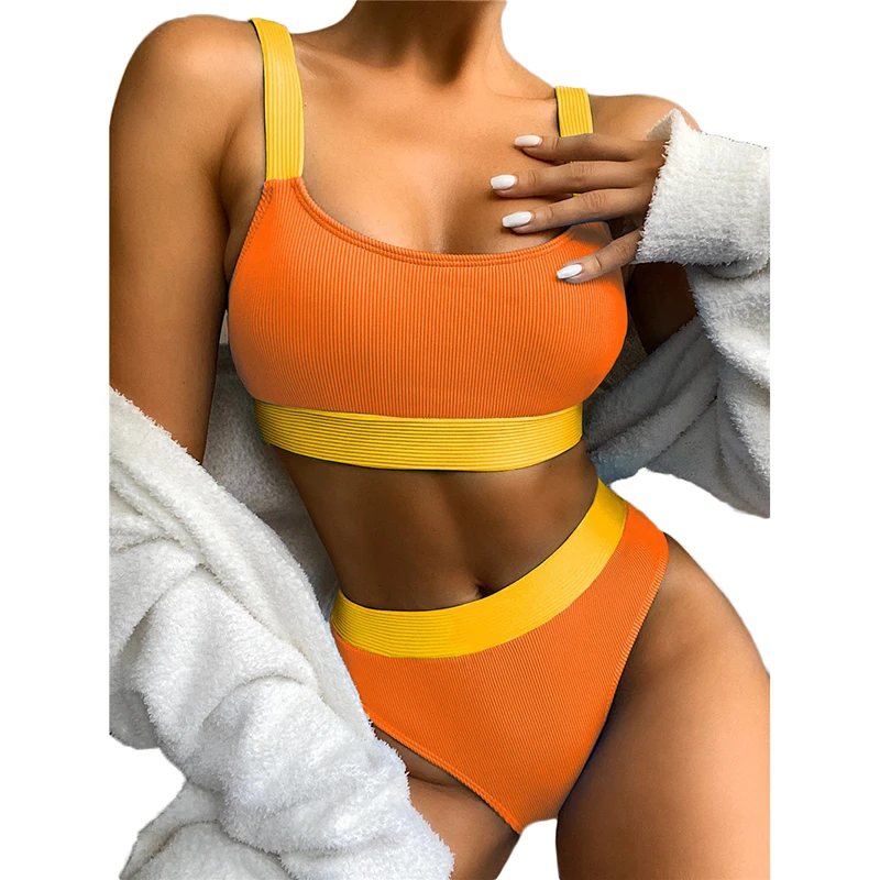 

2020 ribbed swimwear women sexy high waisted thong girl bikini, Printing