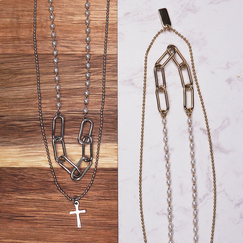 

New collection water pearl stainless steel chain cross pendant necklace