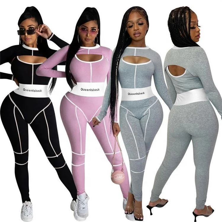 

Hot Selling 2021 Fall And Winter Bodycon Stripped Print Sportswear Two Piece Set Women Clothing Two Piece Tracksuits