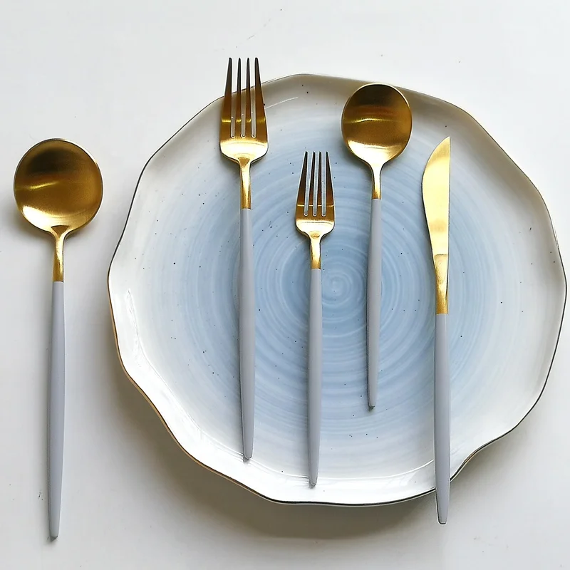 

Grey and Gold Kitchen Cutlery for 2021 Dinnerware Tableware Use Summer Boho Wedding Catering Service Portugal Gray Flatware Set, Rose gold