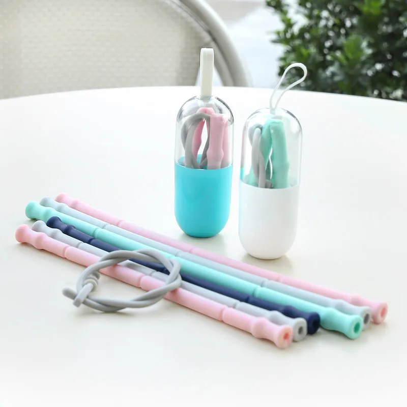

Customized Eco Friendly Portable Collapsible Reusable Silicone Drinking Straws Case Set With Cleaning Brush, Cyan, quartz pink, gray, deep blue